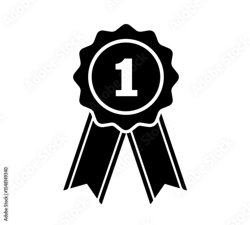 Black First Place Award Ribbon Rosette Icon. icon depicting an award rosette with the number "1" at its center and two hanging ribbons, signifying first place and excellence.