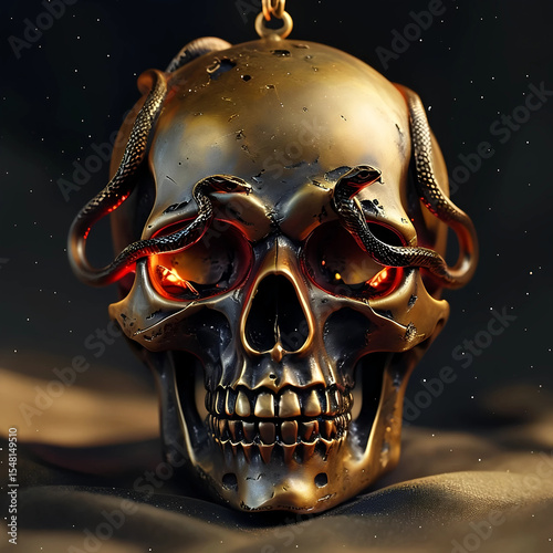 Amuleto di metallo a forma di teschio umano ghignante con una corona di serpenti incisi nel metallo, Metal amulet in the shape of a grinning human skull with a crown of snakes engraved in the metal