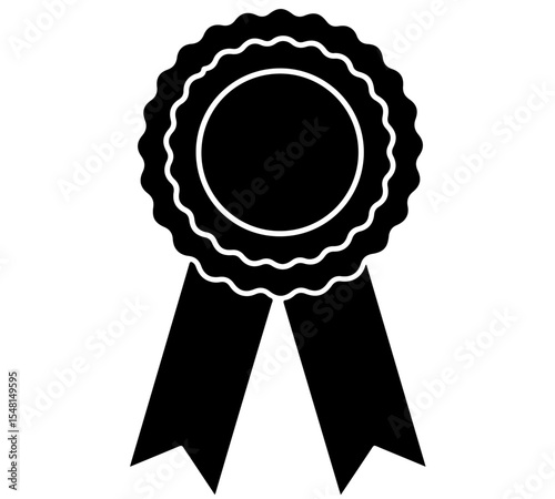 Solid Black Blank Award Ribbon Rosette Icon. A bold black icon of a classic award rosette with a blank center and two hanging ribbons. It symbolizes recognition, achievement,