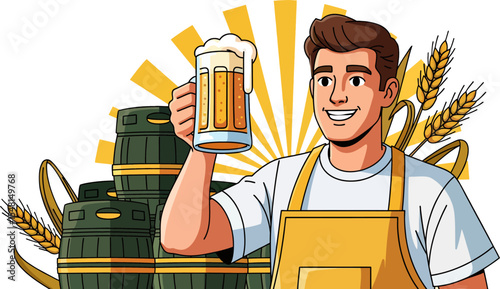 Smiling man wearing an apron raising a mug of foamy craft beer in front of barrels and wheat. Happy Craft Brewer with a Mug of Foamy Beer.