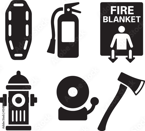 Black and White Silhouette Icons of Firefighting and Rescue Tools – SCBA, Axe, Extinguisher, Rescue basket
,Fire extinguisher, Fire blanket, Breathing apparatus ,Fire bell, Essential Fire Safety