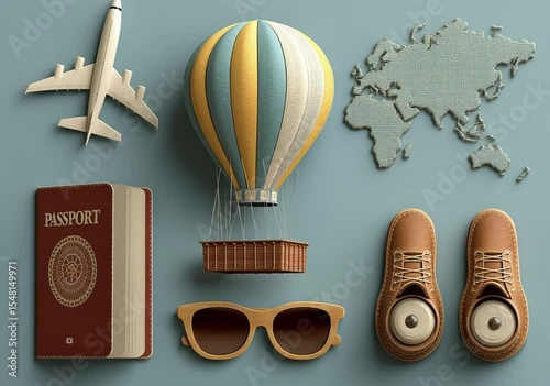 A passport, a pair of shoes, and a pair of sunglasses are displayed on a blue background
