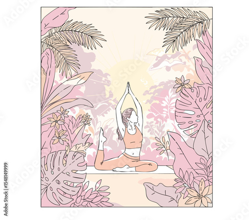 A woman practicing yoga in a beautiful morning tropical garden with warm pastel color.