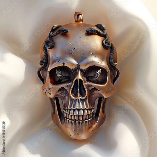 Amuleto di metallo a forma di teschio umano ghignante con una corona di serpenti incisi nel metallo, Metal amulet in the shape of a grinning human skull with a crown of snakes engraved in the metal
