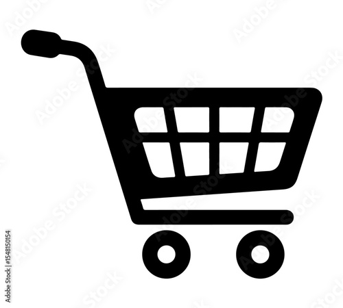 A classic black and white icon of an empty shopping cart, ready for items. It's a universal symbol for online shopping, retail, and e-commerce.