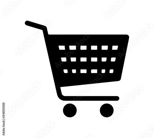A classic black and white icon of an empty shopping cart, ready for items. It's a universal symbol for online shopping, retail, and e-commerce.