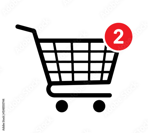 Shopping Cart Icon with Two Items Notification.This universally recognized symbol indicates two items added to the cart, ideal for e-commerce and retail.