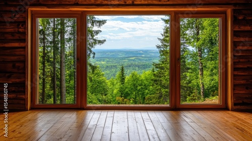 Framed sliding glass door installed in a cabin overlooking forest landscape