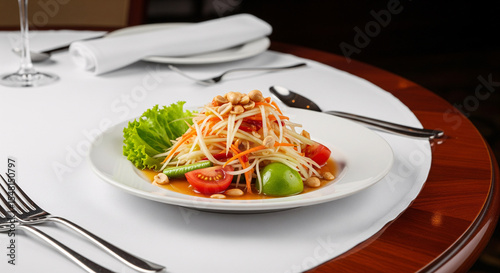 A plate of thai papaya salad on a table.