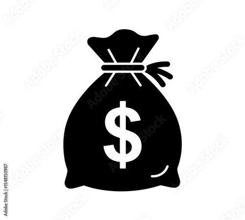 Black Money Bag with Dollar Sign Icon. icon depicting a tied money bag with a prominent dollar ($) sign, symbolizing wealth, savings, banking, and financial success.