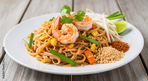 A plate of padthai with shrimp on a wooden table.