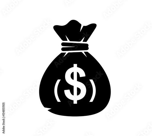Black Money Bag with Dollar Sign Icon. icon depicting a tied money bag with a prominent dollar ($) sign, symbolizing wealth, savings, banking, and financial success.