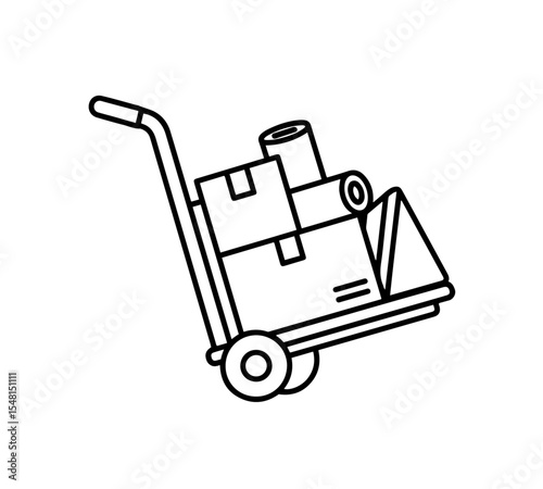 Outline Hand Truck with Boxes and Rolls Icon. outline icon of a hand truck (dolly) loaded with various items including cardboard boxes and rolled goods. It symbolizes moving, delivery, logistics,