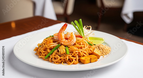 A padthai with shrimp in a luxury restaurant.