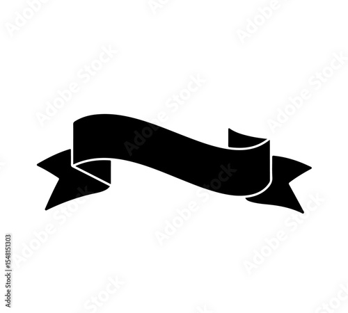 Blank Curved Ribbon Banner Icon. A simple, solid black vector icon of a classic curved ribbon banner, with pointed ends. It's a versatile design element for titles, labels, or decorative text.