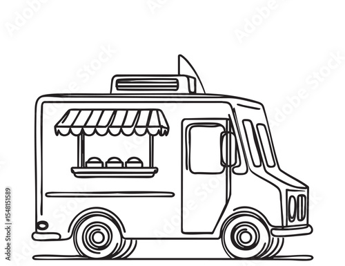 Cartoon Food truck sketch. Hand drawn line art vector illustration