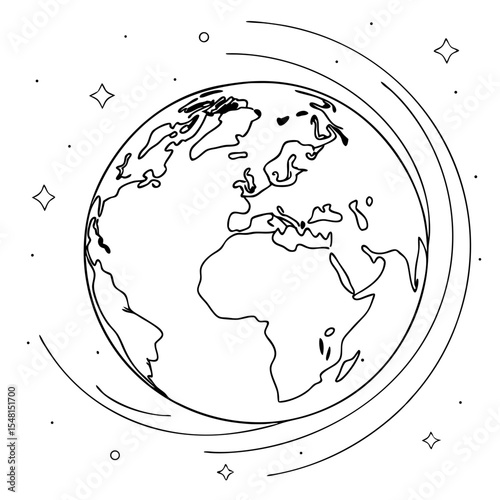 Earth illustration showing continents rotating in space with stars scattered around
