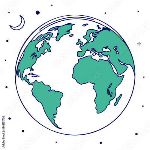 Global illustration showcasing Earth with continents in vibrant colors against a starry sky at night