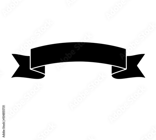 Blank Curved Ribbon Banner Icon. A simple, solid black vector icon of a classic curved ribbon banner, with pointed ends. It's a versatile design element for titles, labels, or decorative text.