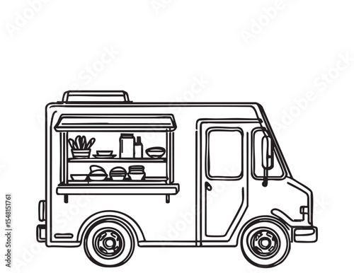 Cartoon Food truck sketch. Hand drawn line art vector illustration
