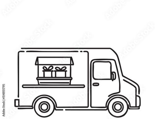 Cartoon Food truck sketch. Hand drawn line art vector illustration
