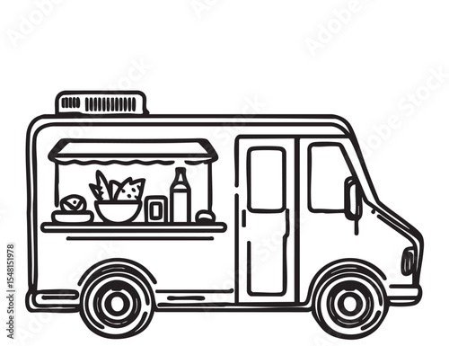 Cartoon Food truck sketch. Hand drawn line art vector illustration