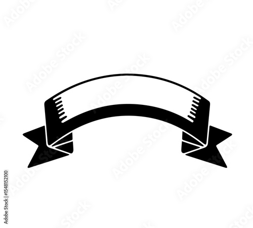Blank Curved Ribbon Banner Icon. A simple, solid black vector icon of a classic curved ribbon banner, with pointed ends. It's a versatile design element for titles, labels, or decorative text.