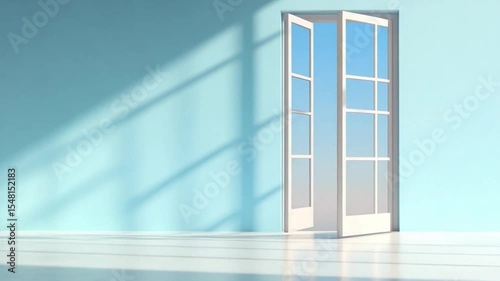 Open Door: The image features an open door. Light is falling on wall, creating shadows. a portal to new beginnings and boundless possibilities. 