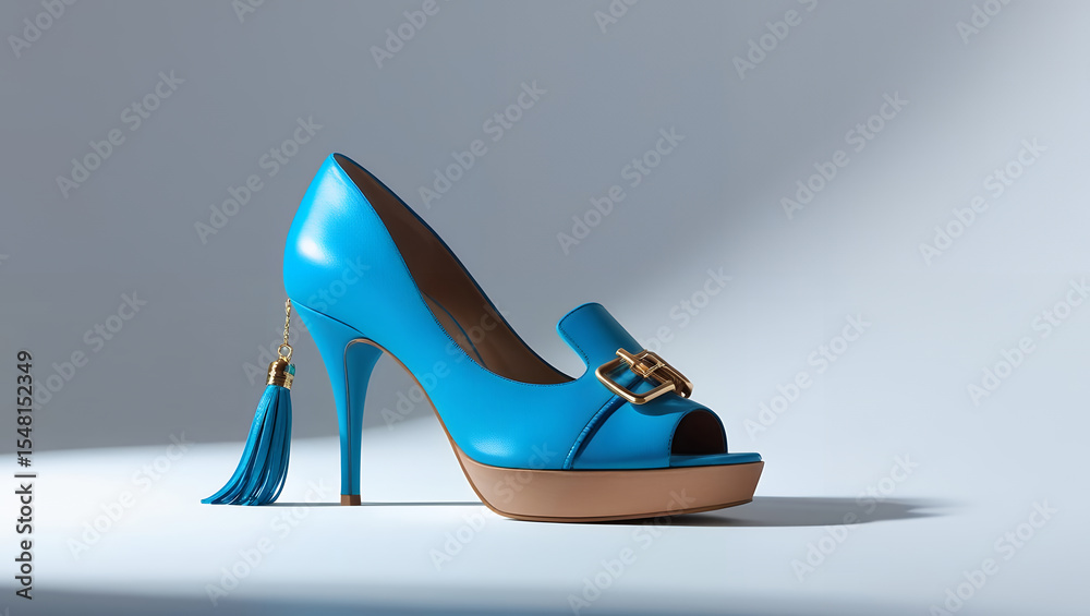 Naklejka premium Blue peeptoe heel with a gold buckle tassel is on a pale gray surface