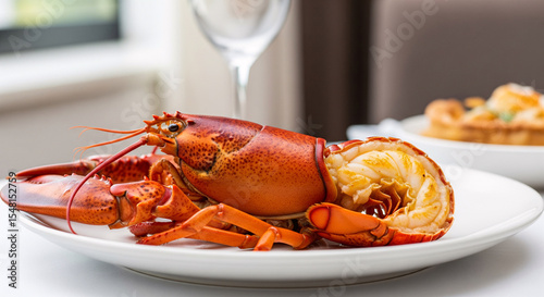 A plate of well cooked lobster in a luxury restaurant.