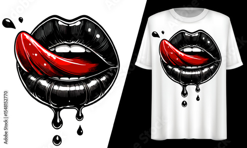 Dripping Lips with Red Tongue Gothic, T-Shirt Design.