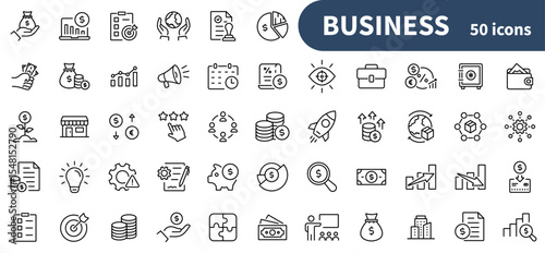 Business - 50 editable stroke vector icons for finance, money, investment and other.