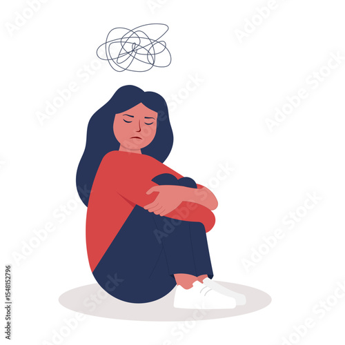 Stressed or anxious girl sitting on a floor. Depression, anxiety or stress vector illustration.