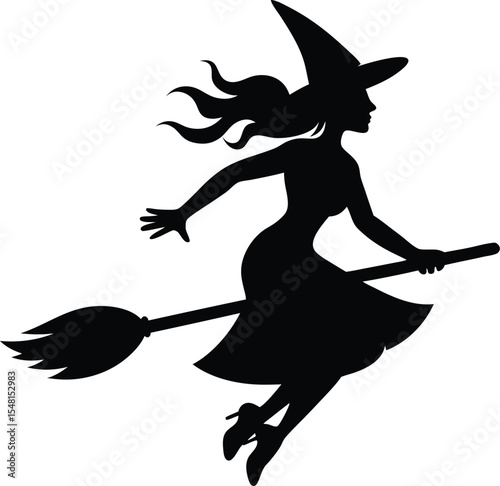 witch flying on a broomstick silhouette vector icon on a transparent background.