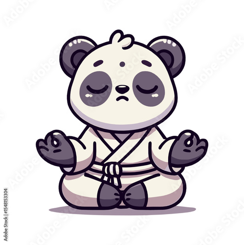 Cartoon karate master cute panda meditating in white background