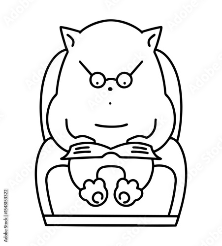 Cute cat in glasses sits in a chair and reads a book. Intelligent domestic pet. Cartoon character. Black and white humorous vector illustration with lines