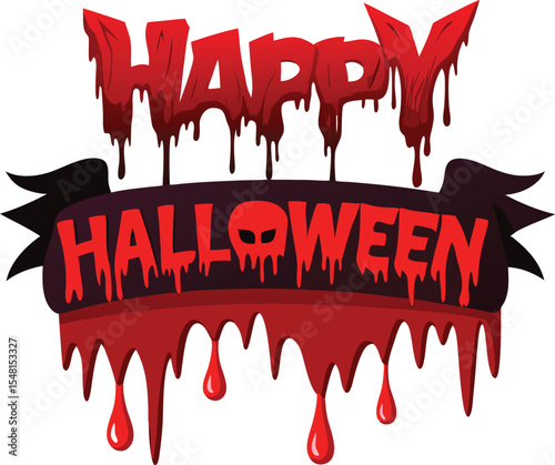 happy halloween, spooky dripping blood scene horizontal background calligraphy and typography vector.