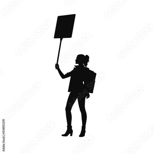 Young activist woman holding protest sign silhouette

