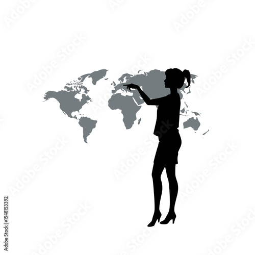 Woman pointing at world map silhouette isolated on white
