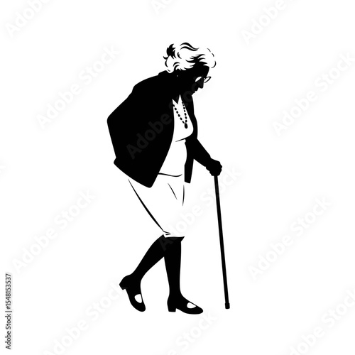 Elderly woman walking with cane silhouette isolated on white
