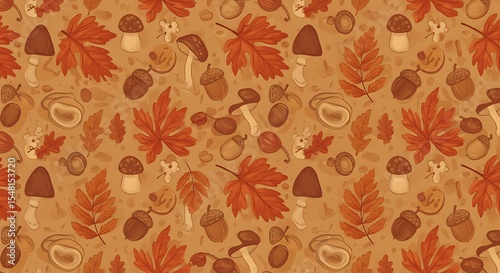 Autumnal Forest Seamless Pattern Mushrooms, Acorns, and Leaves