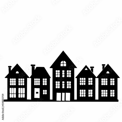 Black and White Silhouette of Houses on White Background