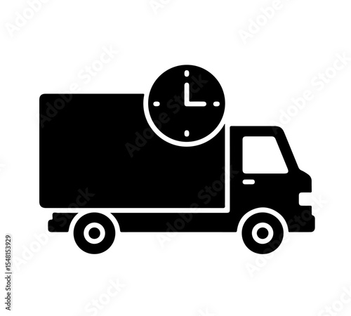 Black Fast Delivery Truck with Clock Icon. A bold black icon of a delivery truck in motion, featuring a prominent clock symbol on its side. It universally represents fast shipping, quick delivery.