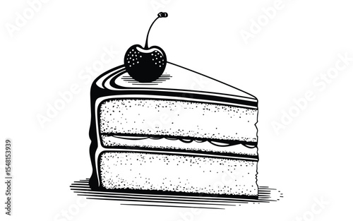 Vintage Style Cake Slice Illustration with Cherry Topping for Bakery Branding Projects