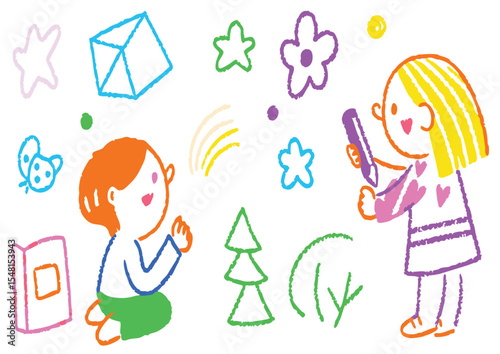 Happy cartoon mother and children learning and having fun at school
