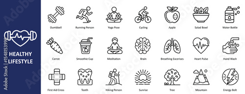 Modern Flat Line Art Healthy Lifestyle Icons Set - Fitness, Wellness, and Nature Symbols for Digital Media, Apps, and Healthcare Graphics