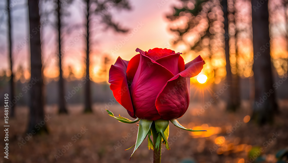 Fototapeta premium Sunset illuminates the garden, with red poppies and a single rose blossom in full bloom, embodying nature's romantic beauty