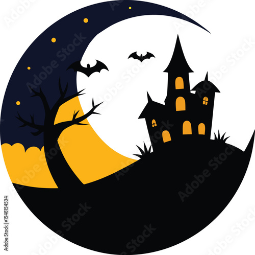 halloween background with haunted house, tree and bats vector icon