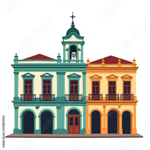Colorful Vector Illustration of Historic Colonial Buildings with Arches and Balconies in a Town Square
