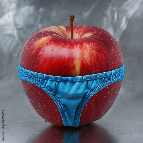 mela rossa rotonda che indossa un paio di tanga colorati, round red apple wearing a pair of colorful thongs